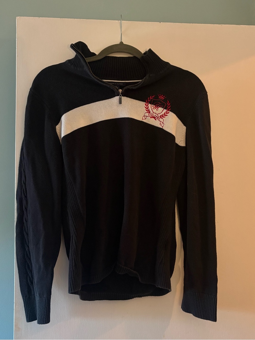 Tommy Hilfiger Black Half-Zip Sweater with White Chevron and Red Crest